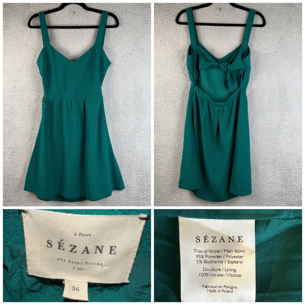 Sezane Women's Dress Green 36 Dorina Tie-Back Sleeveless Mini
